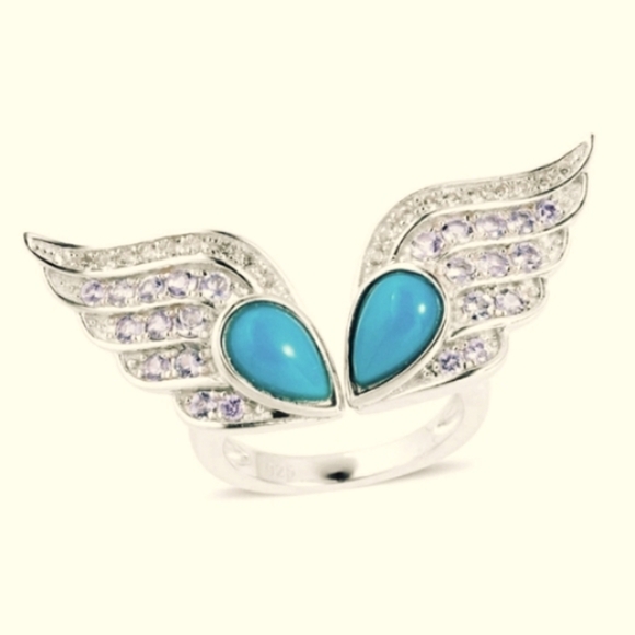 🔥Genuine Sleeping Beauty Turquoise & Tanzanite Sterling Silver Open Wing Ring - Picture 2 of 4